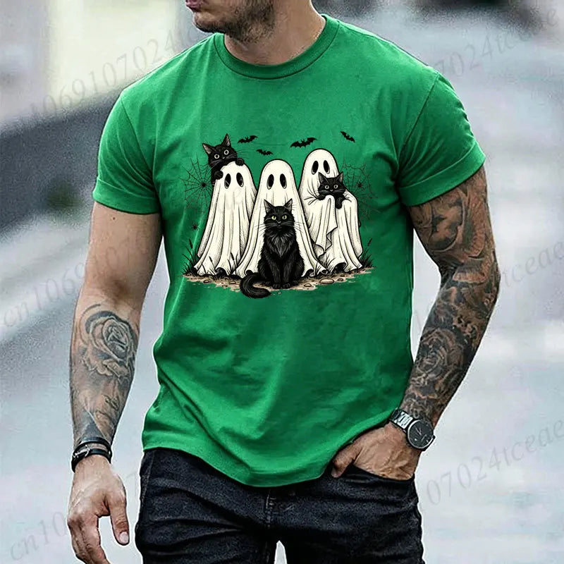 Retro Halloween Ghost & Black Cat Graphic T‑Shirt Men Women Spooky Ghost Cats Bat Spider Print Short Sleeve Holiday Party Tops