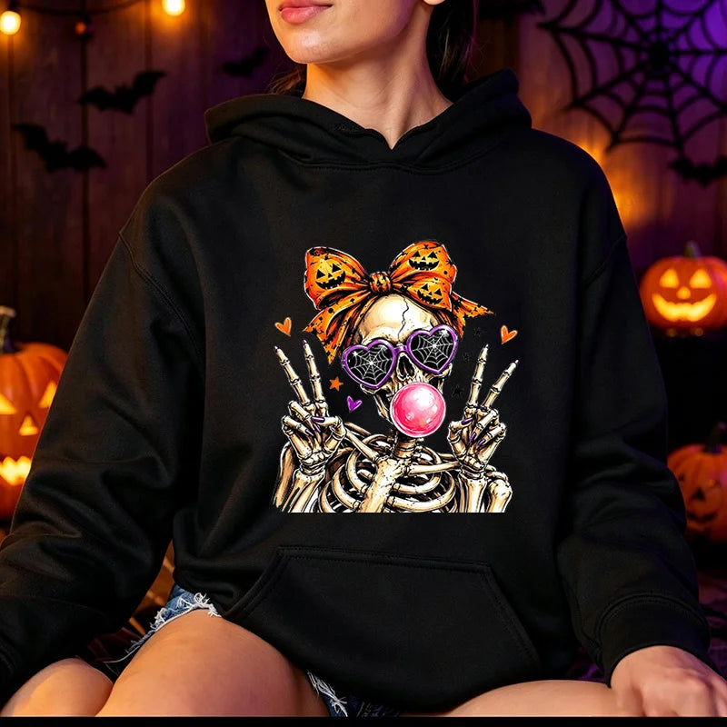 Funny Cute-Skeleton-Halloween Hoodie Skeleton Men Women Vintage Horror Graphic Pullover Sweatshirt Spooky Season Hoodies Gifts