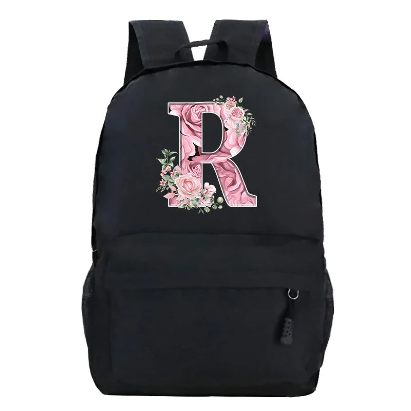 Pink Rose Alphabet Backpack Black Casual Women Aesthetics Rucksack Teenage Girl Boy Flower Letter School Bag Student Mochilas