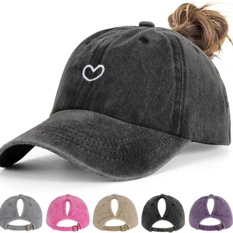 1pc Retro Washed Little Heart Embroidered Ponytail Baseball Cap for Women,Outdoor Sports Adjustable Women's Cap for Daily Wear