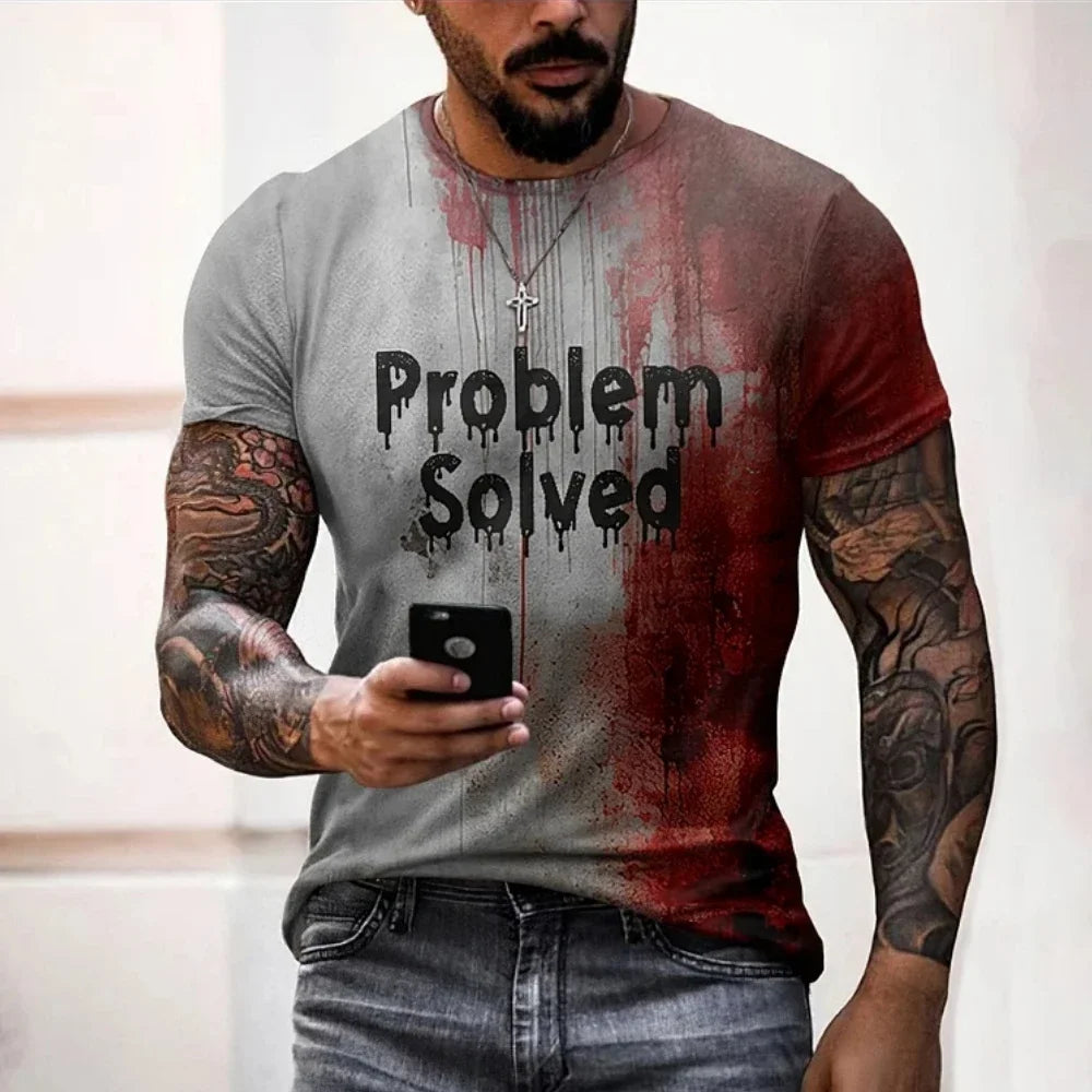 Men's T Shirts Problem Solved Bloody Print Tees Fashion Horrible Halloween Short Sleeve Casual Round Neck Oversized T-shirt Tops