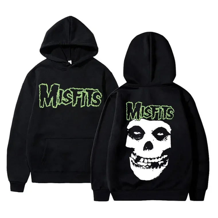 2025 Horror Punk Misfits Skull Graphic Print Hoodie Men Gothic Vintage Loose Fleece Cotton Hooded Sweatshirt Rock Style Pullover