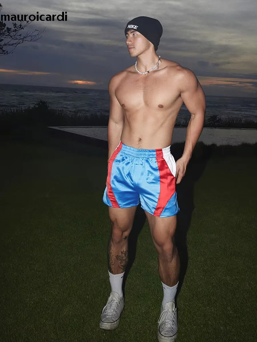 Mauroicardi Spring Summer Color Block Patchwork Satin Shorts for Men High Waist Luxury American Retro Pants Menswear Clothing