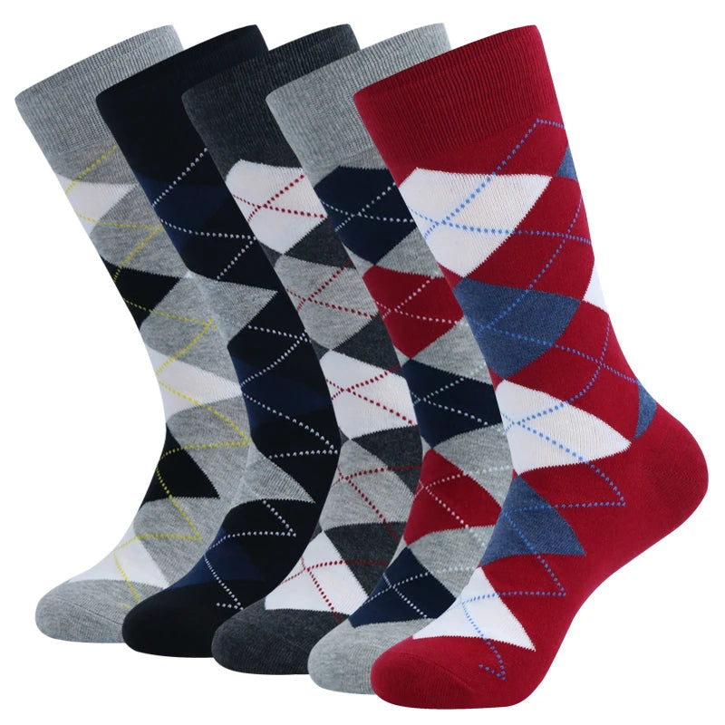 5 Pairs Mens Dress Socks Plus Large Size,High Quality Combed Cotton Crew Socks,Black Cool Argyle Breathable Casual Socks for Men