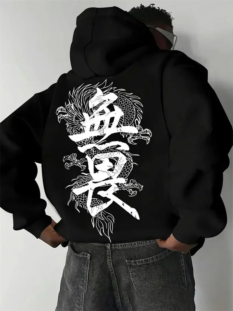 Japanese-style Harajuku Dragon Print Men Women Hoodies Outdoor Street Sporty Casual Fitness Loose Autumn Winter Sweatshirt Top