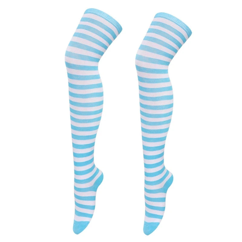 Thigh High Socks Japanese Cosplay Anime Multicolor Striped Printed Over Knee Long Stockings for Women Leg Warmer