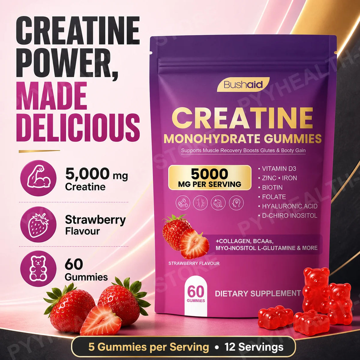 BushAid Creatine Monohydrate Gummies for Post-Workout Muscle Recovery with Multi-Collagen Blend, BCAA and Zinc, 60 Gummies