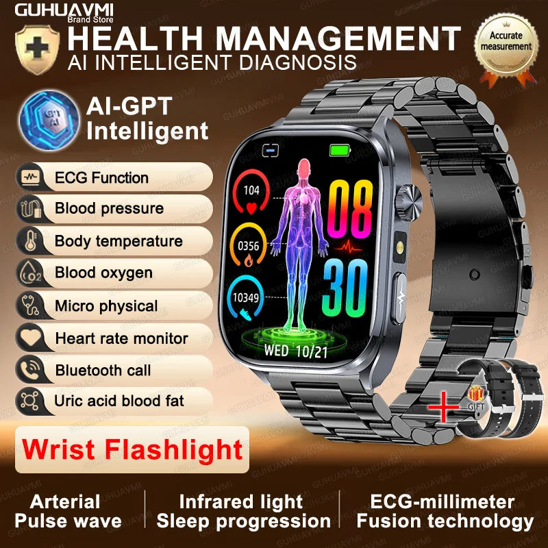 New Accurate Blood Pressure Smart Watch Uric Acid ECG+PPG Blood Oxygen Body Analysis Body Fat LED Flashlight smart watches 2025
