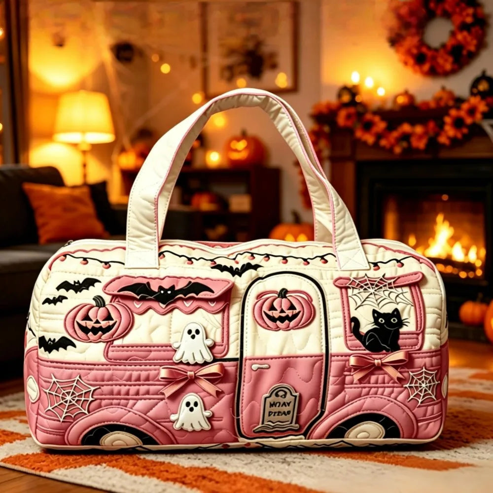 Halloween Quilted Women's Bus Pumpkin Bat Printed Handbag Valentine's Day Gift Multifunctional Fitness Bag Short Trip Bag