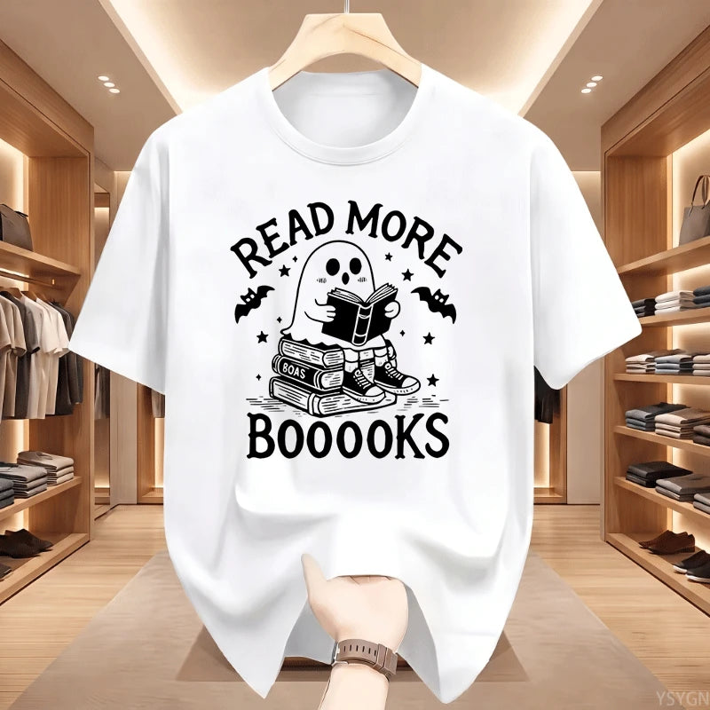 Read More Booooooks Ghost Book Lover T‑Shirt Cute Ghost Reading Book Stack Bat Star Spooky Halloween Bookworm Pun Quote Tops Tee