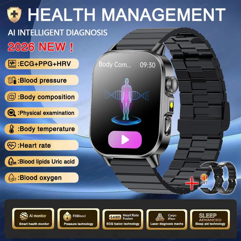 Nursing Grade New ECG+PPG Three High Diagnose Smart Watch Men Blood Lipid Blood Pressure Uric Acid Health Tracker HD Call Watche