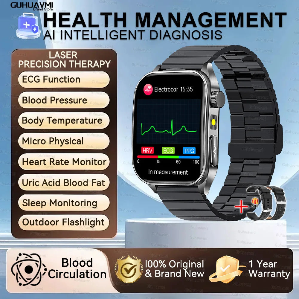 Health Managed Non-Invasive Laser Physiotherapy Smart Watch Blood Pressure Uric Acid Call ECG+PPG 650nm Laser Smart Watch 2026