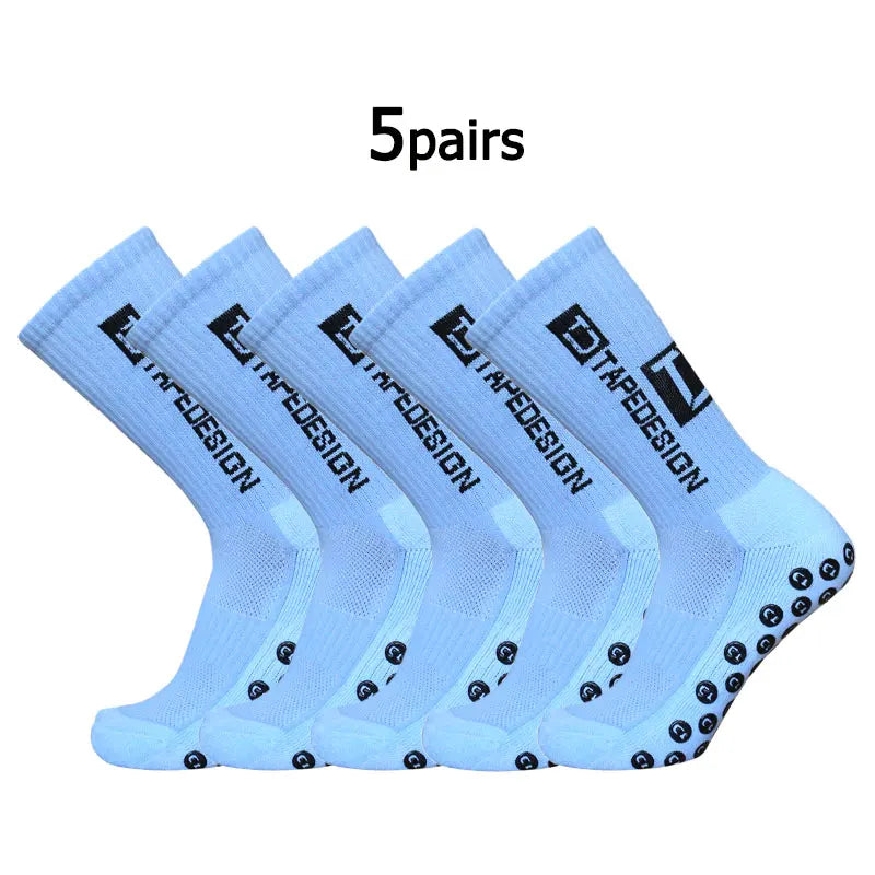 5Pairs/Lot New ANTI SLIP Tapedesign Football Socks Mid Calf Non-Slip Soccer Sport Cycling Sports Mens Sock EU38-45