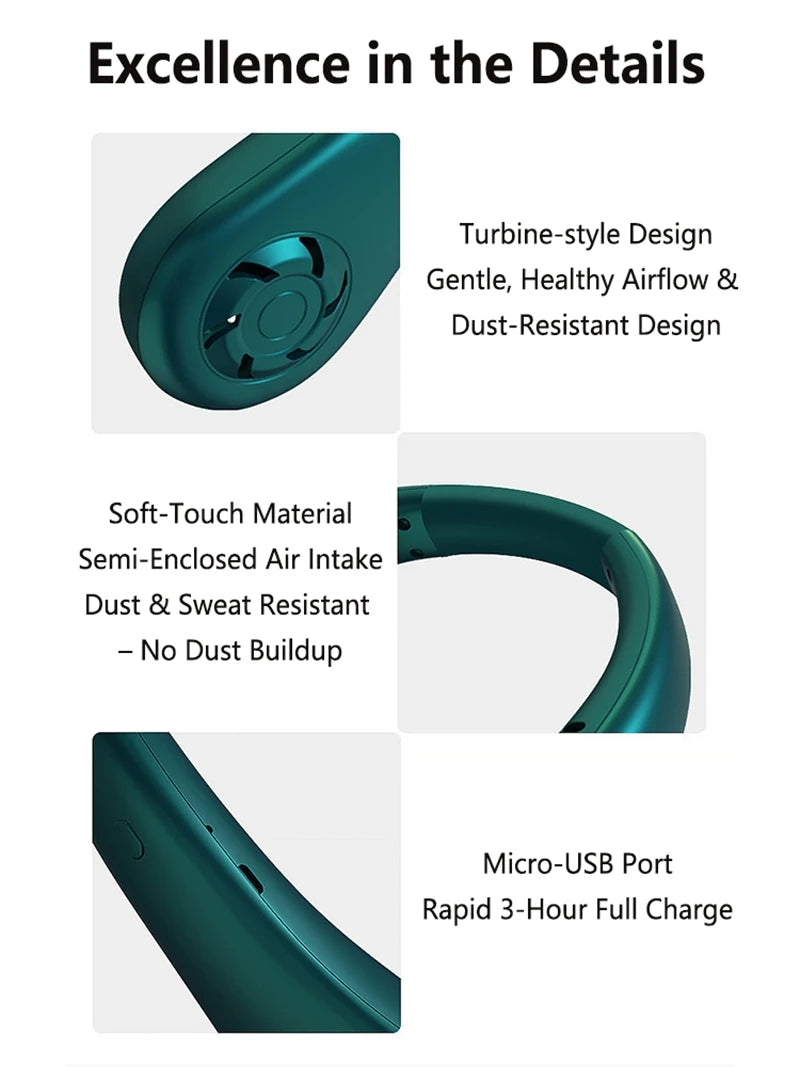 Lenovo Portable Neck Fan Bladeless USB Rechargeable Hands Free Wearable Mini Personal Cooling Fan 3 Speeds Outdoor Travel