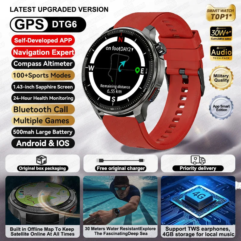 NEW 4GB GPS Offline Maps Smart Watch Men TWS Music Video Player 3D Menu Styles Compass Voice Call Sports Waterproof Bracelet Men