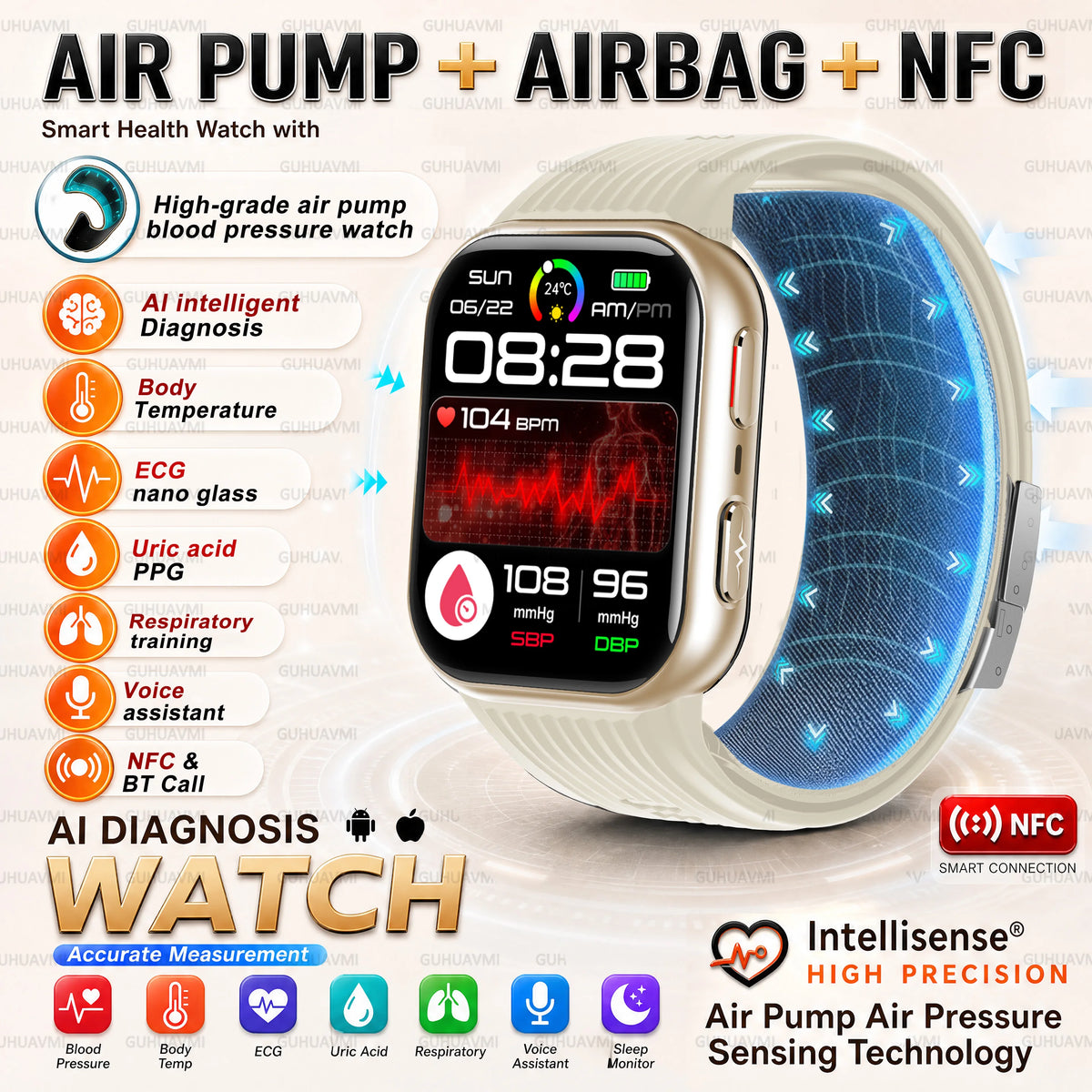 2026New Airbag Blood Pressure SmartWatch NFC ECG+PPG Body Temp Sleep SpO2 Monitor Sports Fitness Health SmartWatch For Men Women