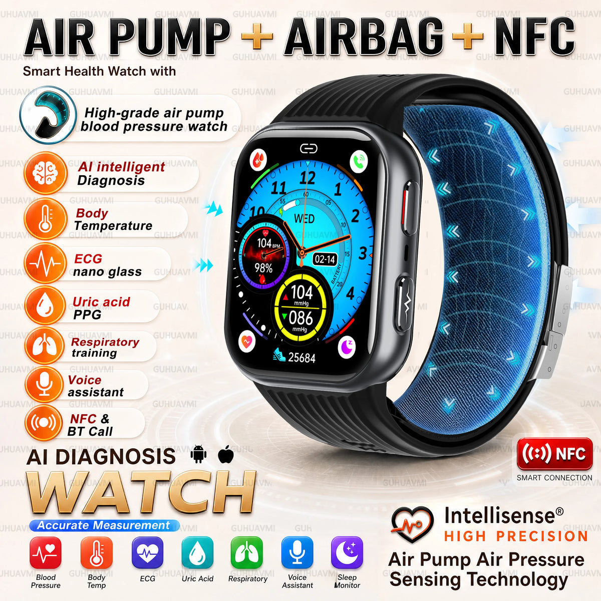2026New Airbag Blood Pressure SmartWatch NFC ECG+PPG Body Temp Sleep SpO2 Monitor Sports Fitness Health SmartWatch For Men Women