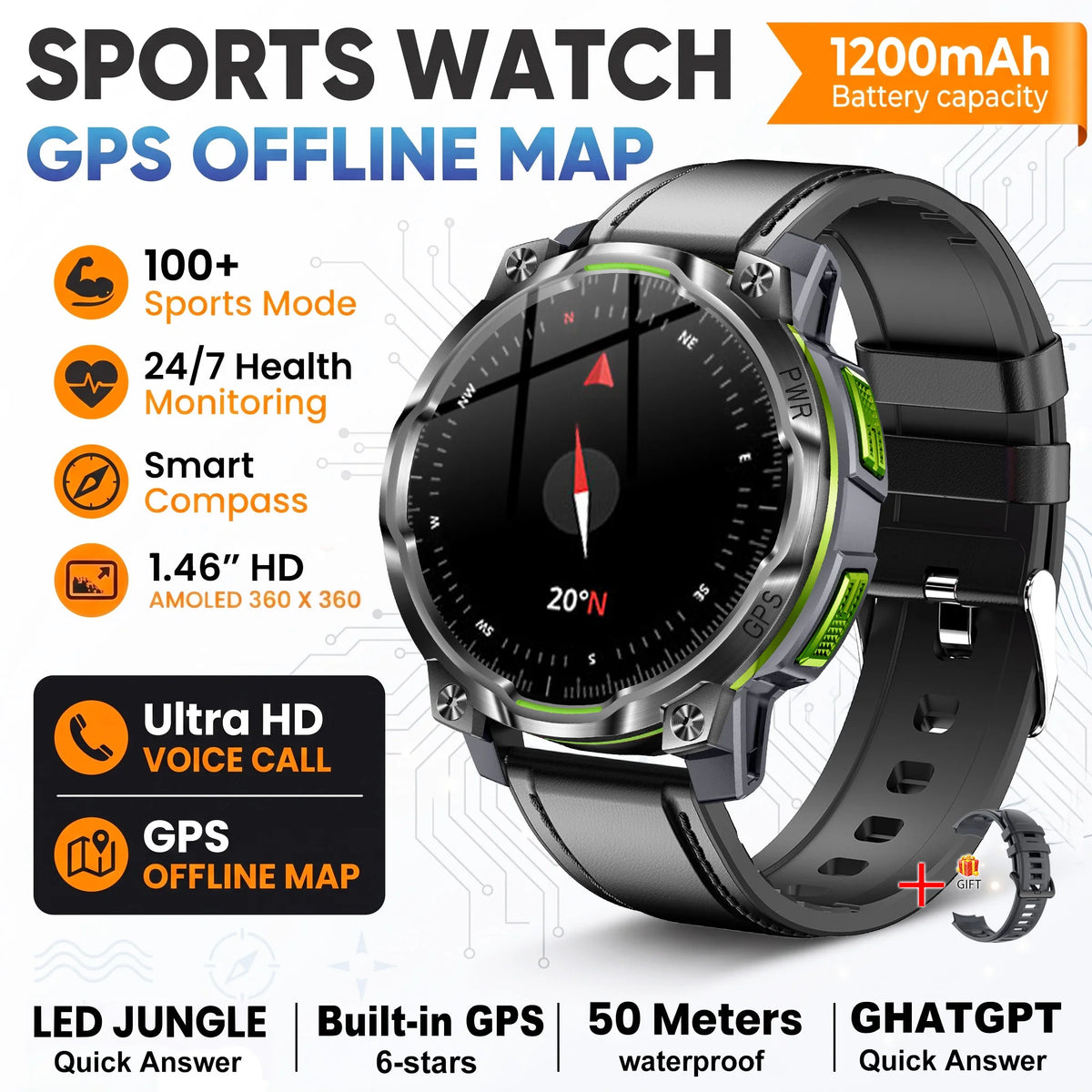 New Technology 2026 Offline Map GPS Smart Watch Men 1200mAh Battery Waterproof Compass Altimeter 100+Sports Military Smart Watch