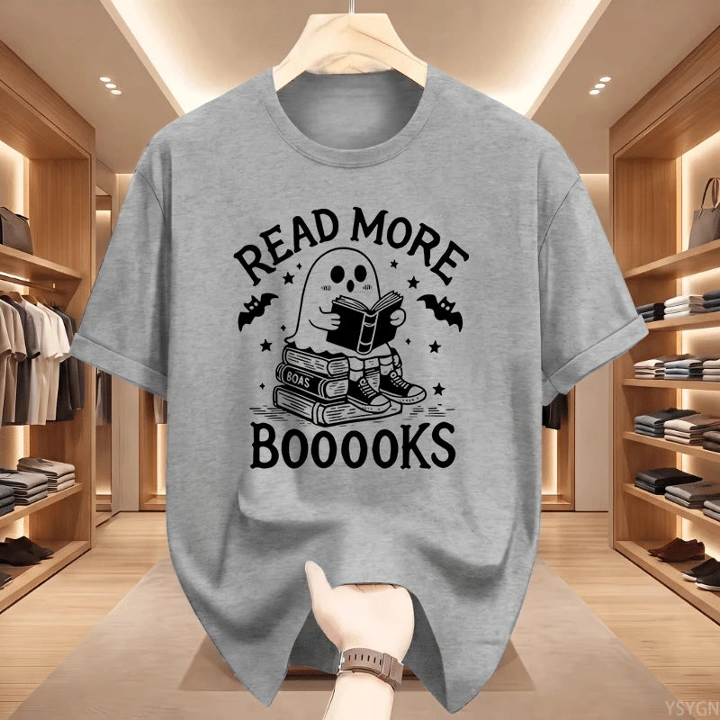 Read More Booooooks Ghost Book Lover T‑Shirt Cute Ghost Reading Book Stack Bat Star Spooky Halloween Bookworm Pun Quote Tops Tee