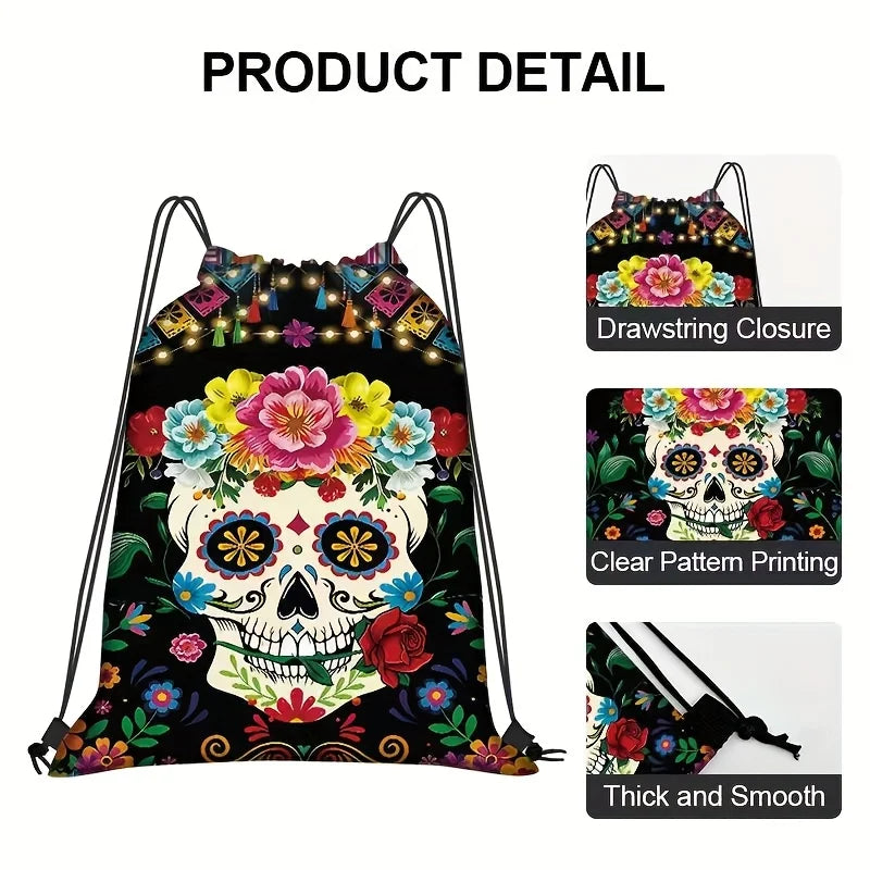 1PC Colorful Sugar Skull Drawstring Bag - Dia De Los Muertos Skeleton Sackpack for Halloween, Rave & Gift