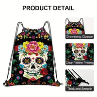 1PC Colorful Sugar Skull Drawstring Bag - Dia De Los Muertos Skeleton Sackpack for Halloween, Rave & Gift