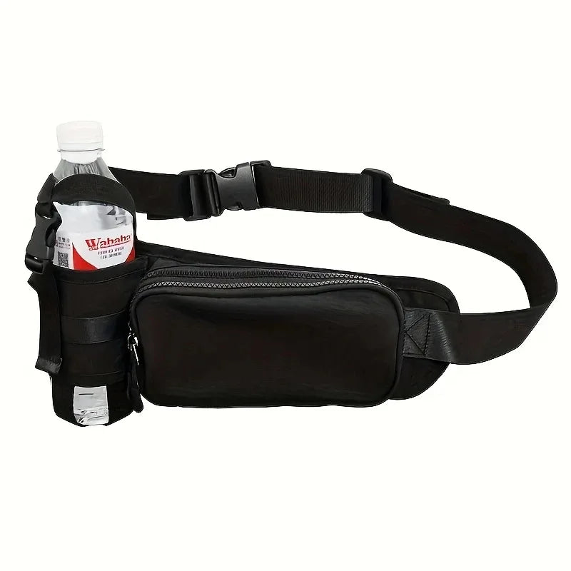 Black Waist Bag with Water Bottle Holder Adjustable Fanny Pack Crossbody Bag for Running Hiking Travel Outdoor Sports