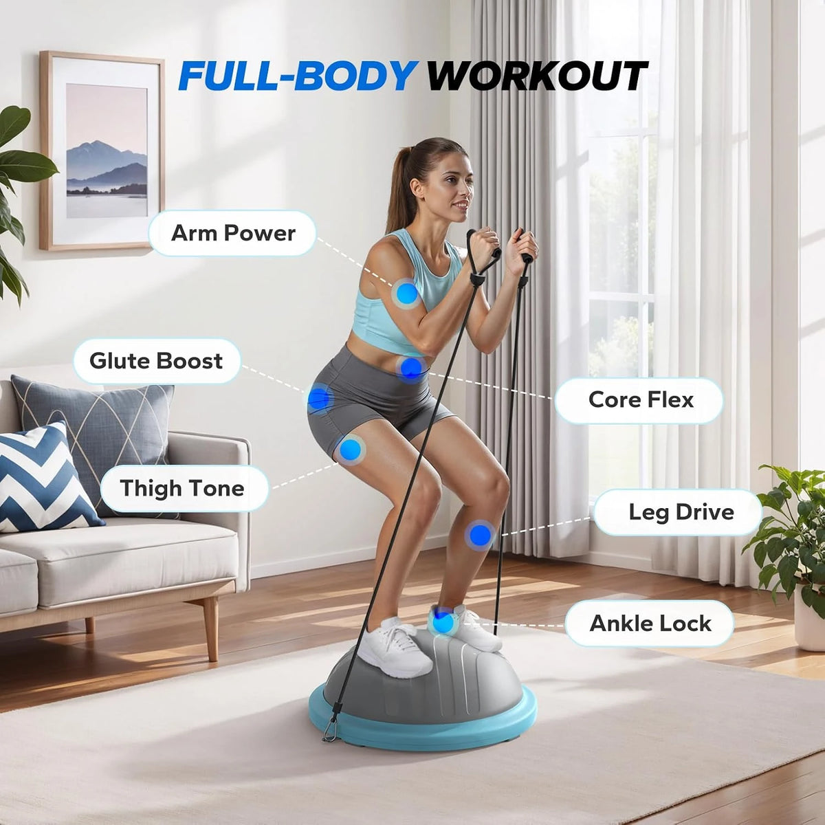 MERACH Balance Ball 18'' Half Ball Exercise Trainer for Core Workout Anti-Slip 450 LBS Capacity Includes Foot Pump and Resistance Bands for Home Gym and Physical Therapy Yoga Workouts Pilates Fitness