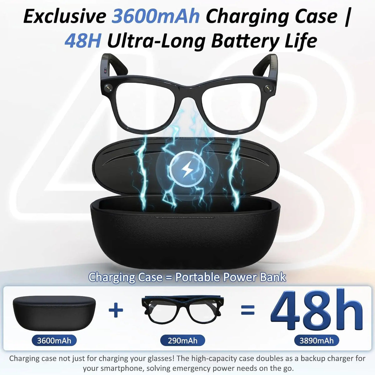 2026 New 800W Camera 3600mAh Portable Charger Smart Glasses 100+language Translation Bluetooth Call Music Player AI Chat Glasses