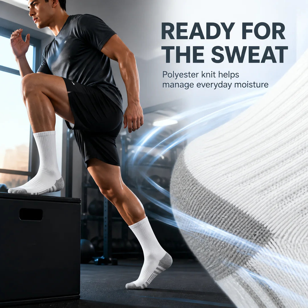 6 Pairs Unisex Crew Athletic Socks – Zoned Comfort Design, Ribbed Cuff, Gray Heel Toe & Striped Sole – Moisture-Wicking Performance Socks for Gym, Running & Casual Wear