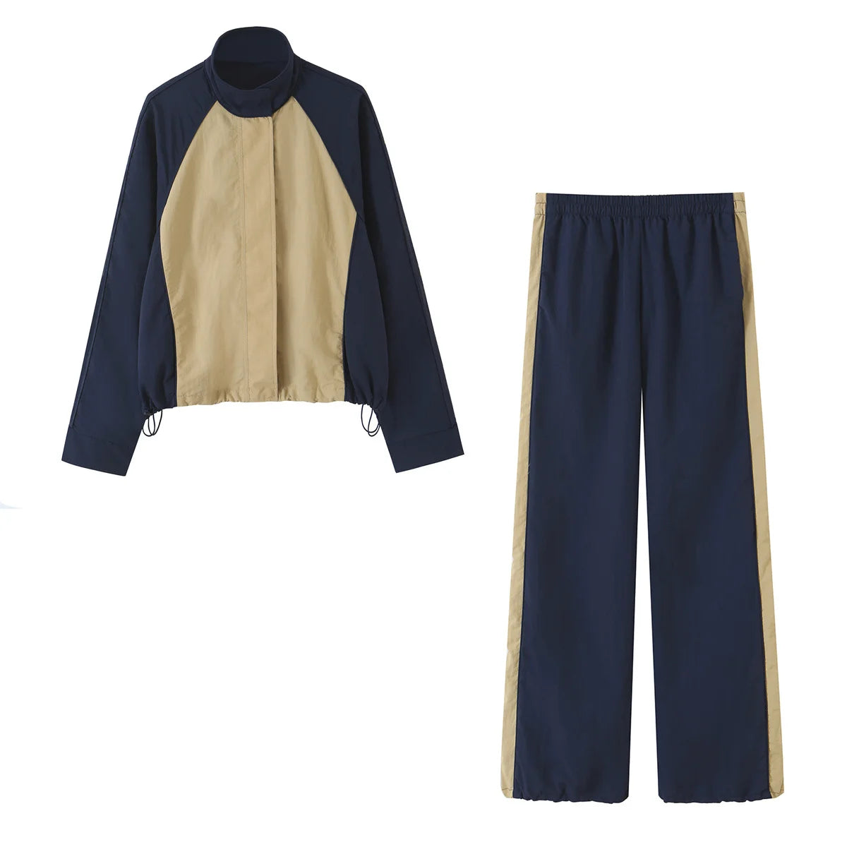HH Casual Women's Patchwork Nylon Tracksuit Spring Autumn High Neck Drawstring Waist Loose Jacket+Side-striped Trousers