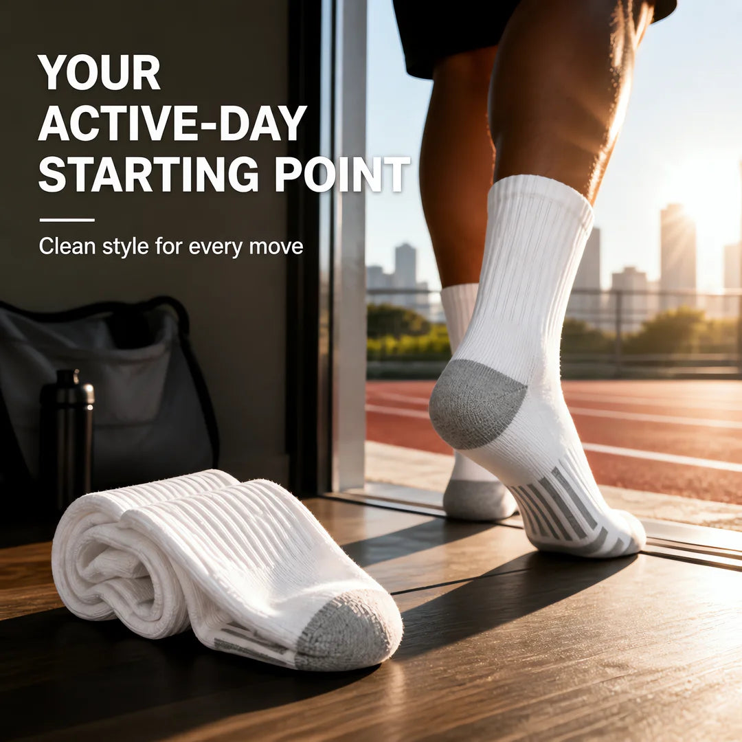 6 Pairs Unisex Crew Athletic Socks – Zoned Comfort Design, Ribbed Cuff, Gray Heel Toe & Striped Sole – Moisture-Wicking Performance Socks for Gym, Running & Casual Wear