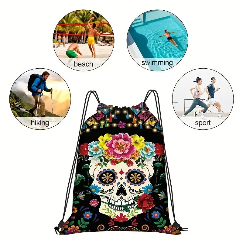 1PC Colorful Sugar Skull Drawstring Bag - Dia De Los Muertos Skeleton Sackpack for Halloween, Rave & Gift