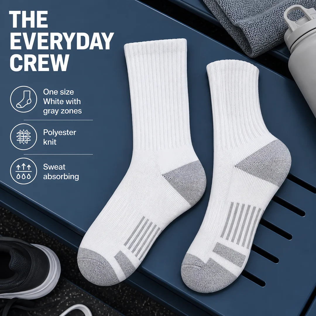 6 Pairs Unisex Crew Athletic Socks – Zoned Comfort Design, Ribbed Cuff, Gray Heel Toe & Striped Sole – Moisture-Wicking Performance Socks for Gym, Running & Casual Wear