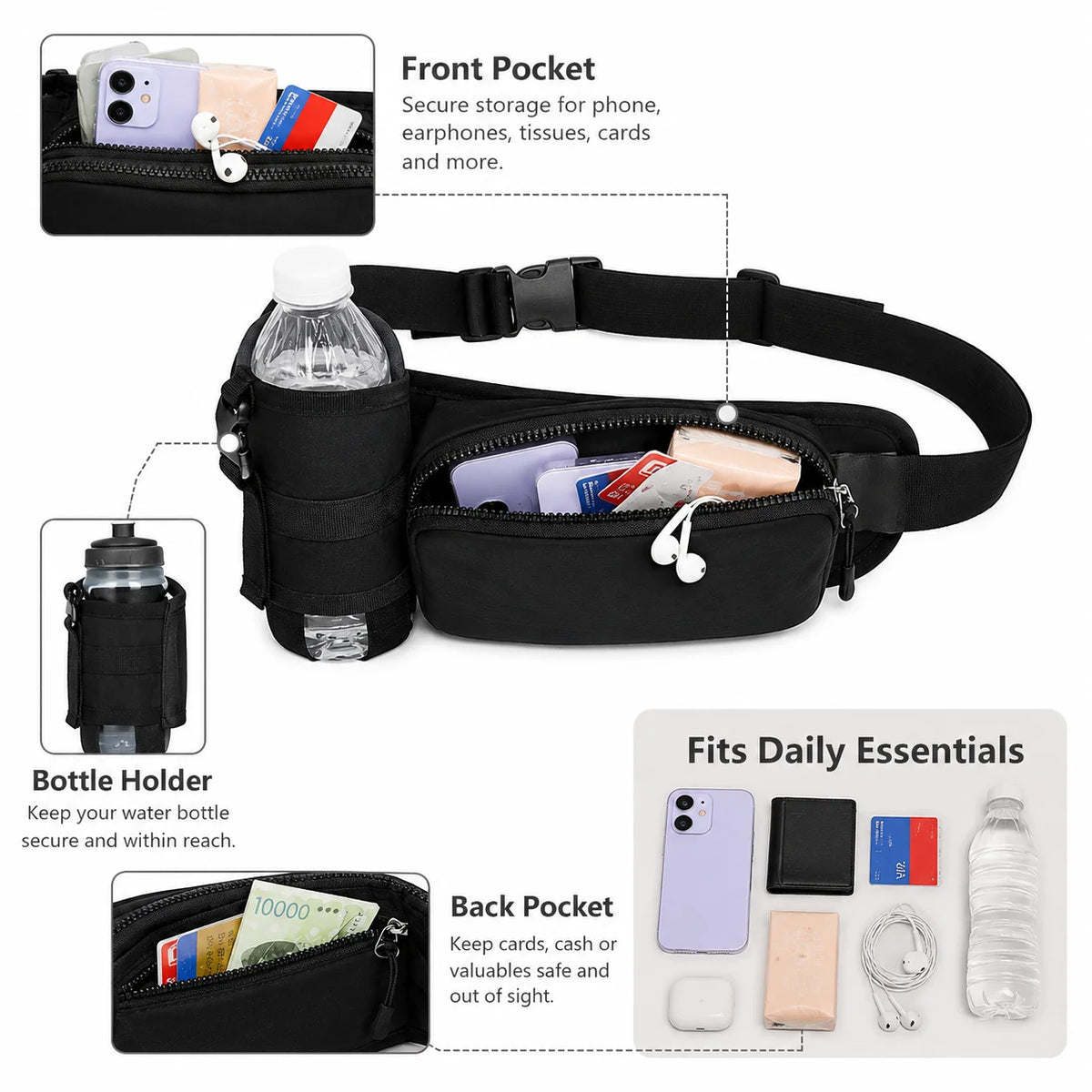 Black Waist Bag with Water Bottle Holder Adjustable Fanny Pack Crossbody Bag for Running Hiking Travel Outdoor Sports