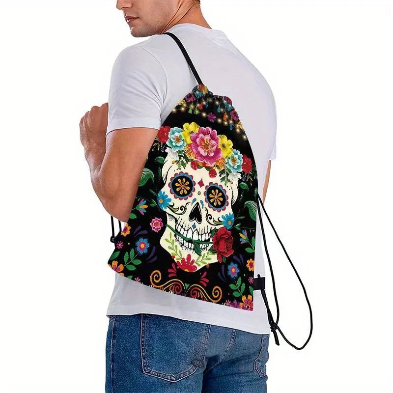 1PC Colorful Sugar Skull Drawstring Bag - Dia De Los Muertos Skeleton Sackpack for Halloween, Rave & Gift