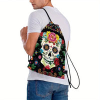 1PC Colorful Sugar Skull Drawstring Bag - Dia De Los Muertos Skeleton Sackpack for Halloween, Rave & Gift