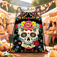 1PC Colorful Sugar Skull Drawstring Bag - Dia De Los Muertos Skeleton Sackpack for Halloween, Rave & Gift
