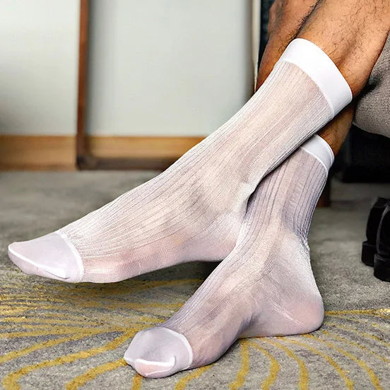 Man Dress Tube Socks Men Sheer Stockings Ultra Thin Erotic Formal Wear White Socks Sexy Transparent Business Sock See-through