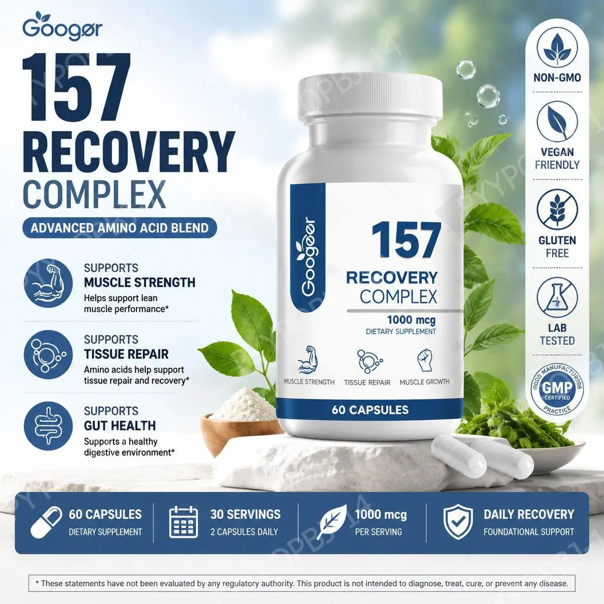 Googeer 157 Recovery Complex Capsules for Muscle Strength and Tissue Repair, L-Lysine Amino Acid Blend, Daily, 60 Capsules