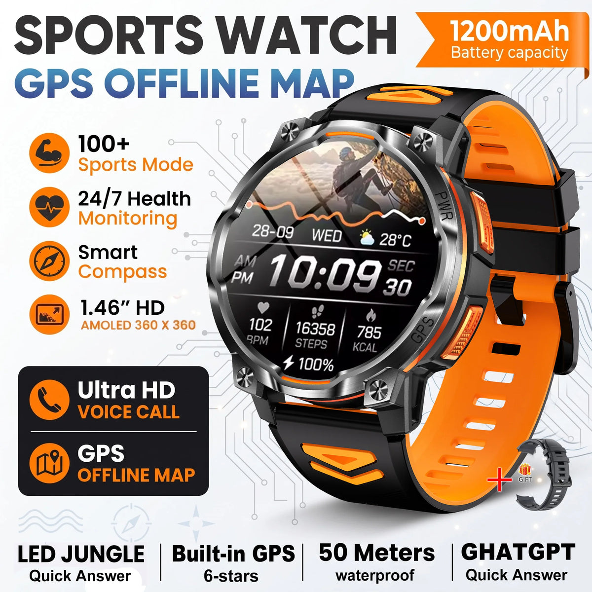New Technology 2026 Offline Map GPS Smart Watch Men 1200mAh Battery Waterproof Compass Altimeter 100+Sports Military Smart Watch