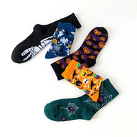 5Pairs Halloween Novelty Socks Men Women Funny Pumpkin Ghost Skeleton Spider Cat Print Mid‑Calf Socks Holiday Party Cosplay Sock