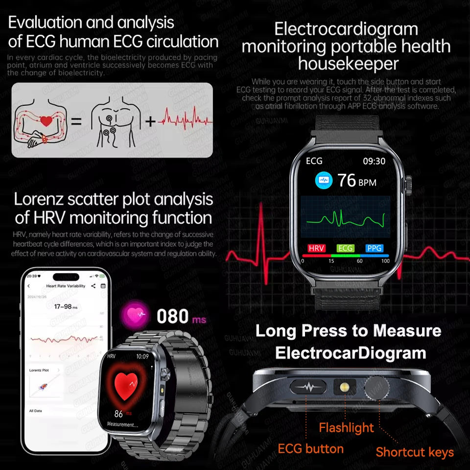 New Accurate Blood Pressure Smart Watch Uric Acid ECG+PPG Blood Oxygen Body Analysis Body Fat LED Flashlight smart watches 2025