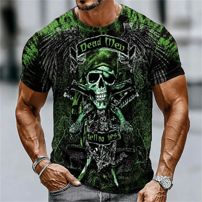 New Men's Halloween Crew-Neck Short-Sleeve T-Shirt Soldier Skull Blood Splatter Print Casual Streetwear Holiday Party Top