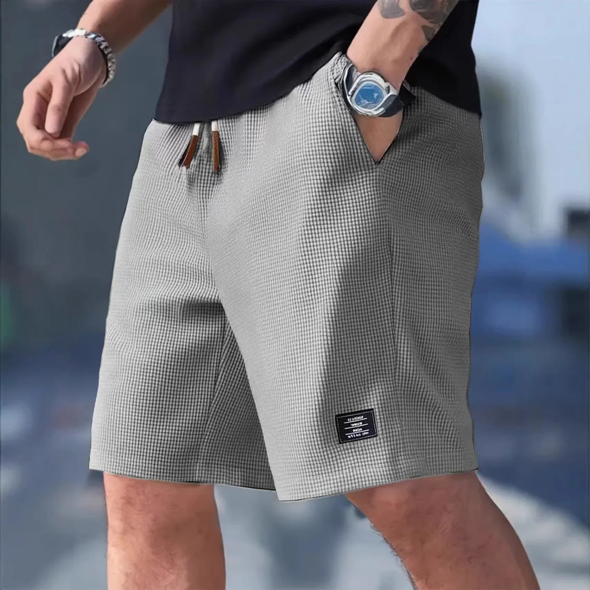 2026 Summer Men's Waffle Texture Casual Sports Beach Shorts Quick Dry Trendy Breathable Bermuda Shorts Streetwear  ﻿