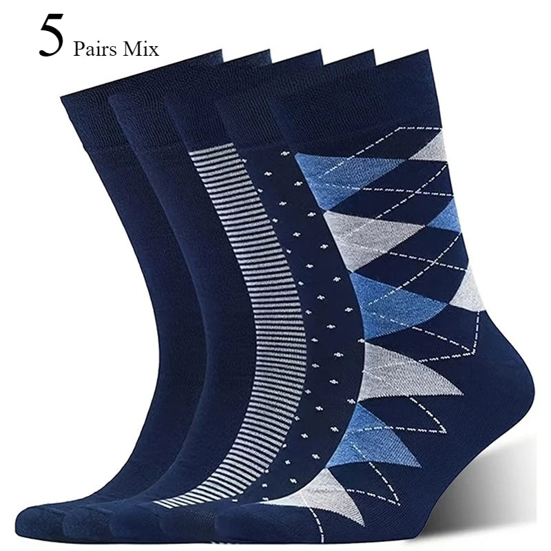 5/10 Pairs Men's Rhombus Blue Business Mid Tube Socks Anti Odor Sweat Absorbing Comfortable Breathable All Season Casual Socks