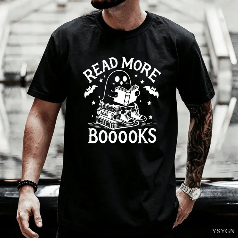 Read More Booooooks Ghost Book Lover T‑Shirt Cute Ghost Reading Book Stack Bat Star Spooky Halloween Bookworm Pun Quote Tops Tee