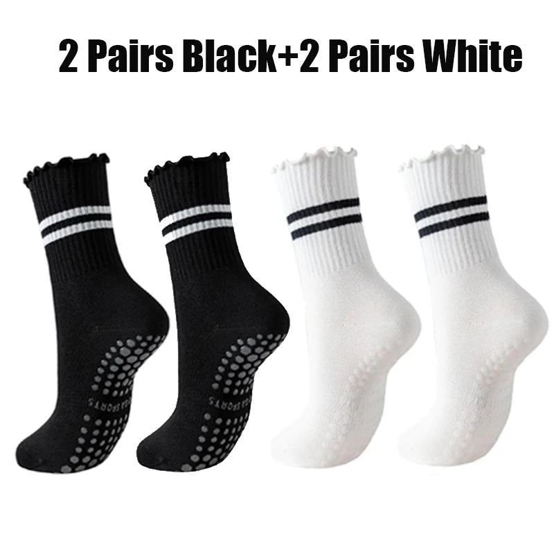 4 Pairs Yoga Socks for Women Cotton Breathable Mid Tube Anti Slip Pilates Socks Stripe Floor Sports Grip  Socks
