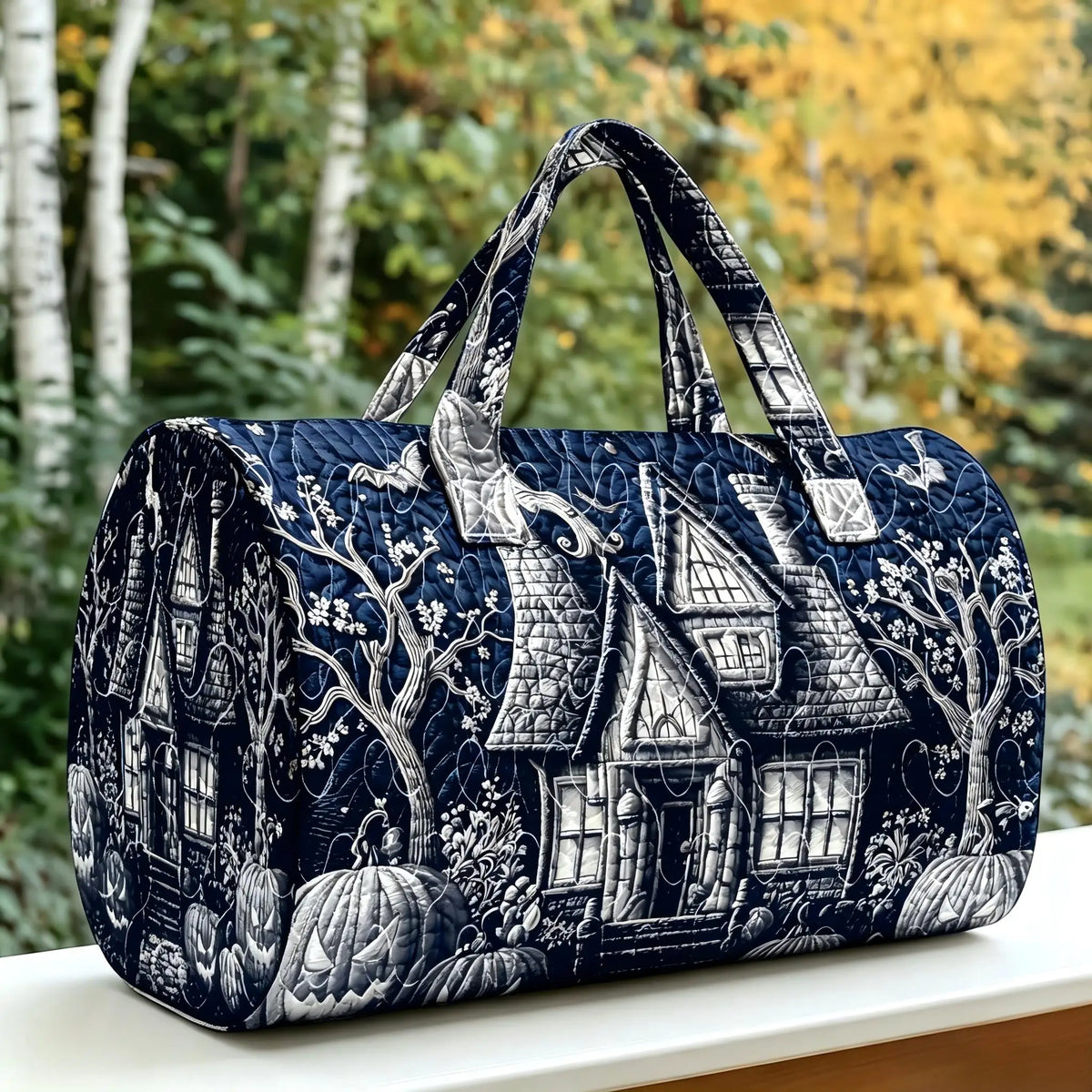 Halloween Quilted Luggage Bag Ghost Castle Weekend Bag Large Capacity Autumn Travel Gym Women's Overnight Short Trip Tote Bag