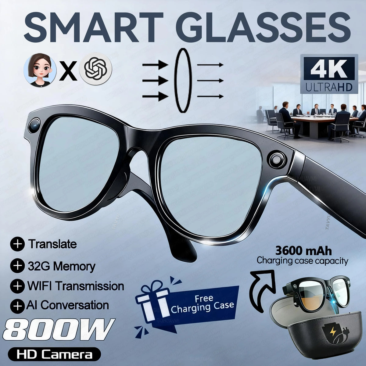 2026 New AI Video Glasses 1080P HD Camera Recorder Bluetooth Audio Voice Control Touch WiFi Sync Smart Glasses for Travel Use HD