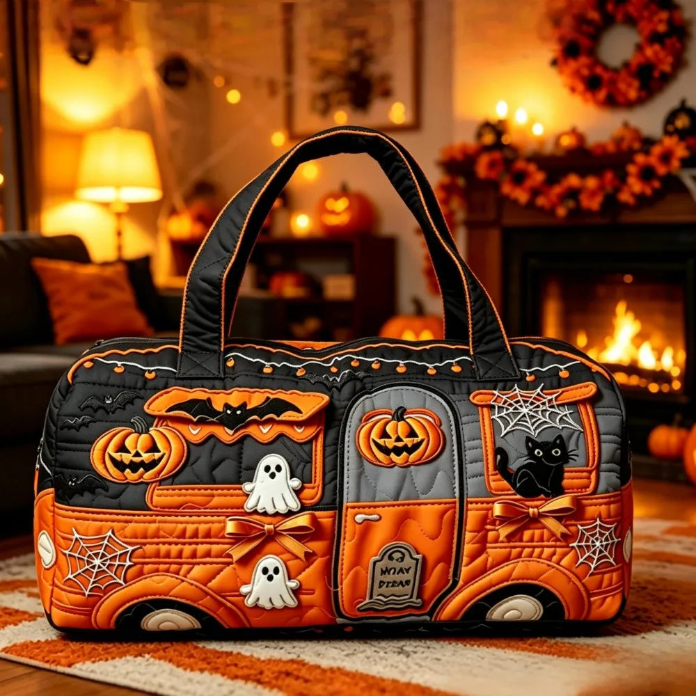 Halloween Quilted Women's Bus Pumpkin Bat Printed Handbag Valentine's Day Gift Multifunctional Fitness Bag Short Trip Bag